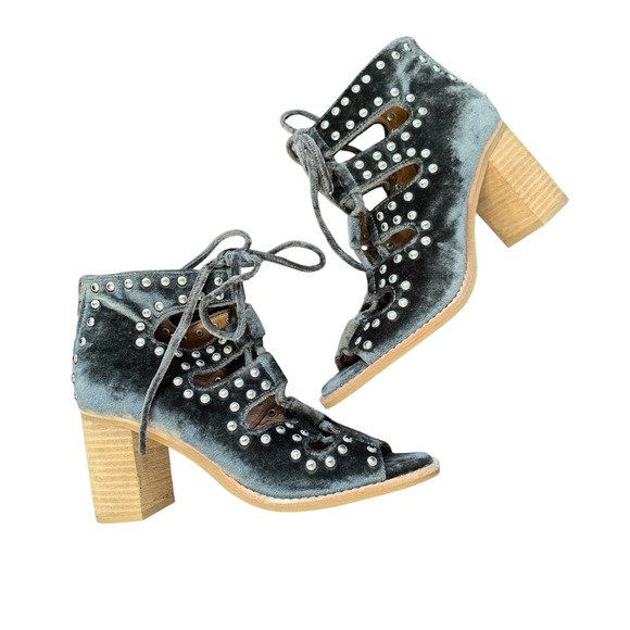 Jeffrey Campbell Studded Velvet Lace Up Peep Toe‎ Heeled Booties Women's 7.5 - Picture 1 of 11